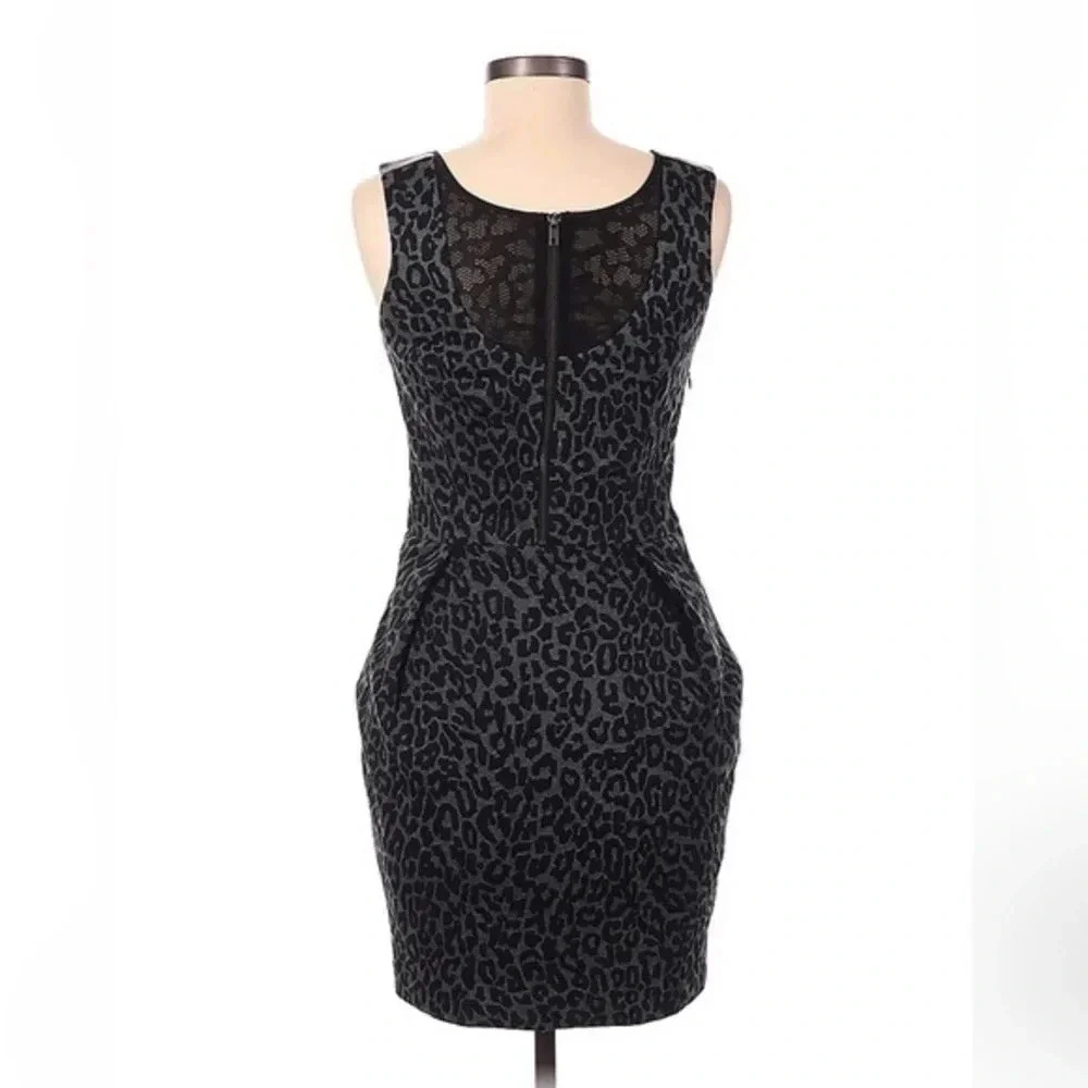 Timo Weiland | Black Grey Leopard Print Ruched Sleeveless Cocktail Dress Size 2